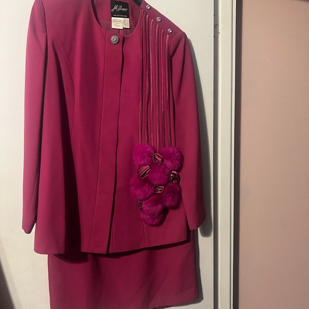 Milano Magenta Skirt Suit with Pom Pom Accents